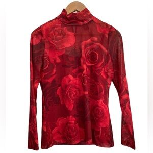 Tahari red rose mock neck long sleeve sheer top with attached camisole